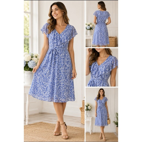 Tommy Hilfiger Dresses & Skirts - Tommy Hilfiger Floral Cottagecore Fit & Flare Midi Dress In French Blue Size 8